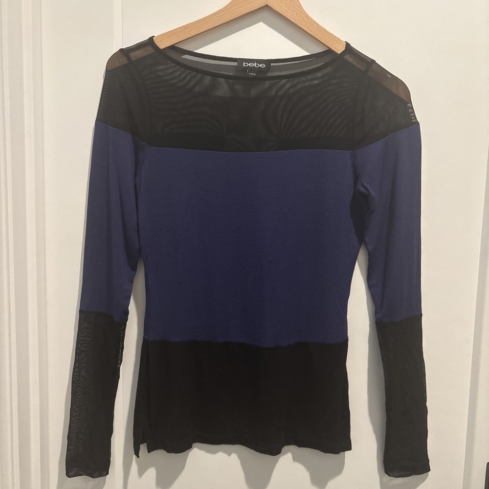 BEBE Women's Mesh Panel Colorblock Top Blue Black Sheer Yoke Long Sleeve Size S